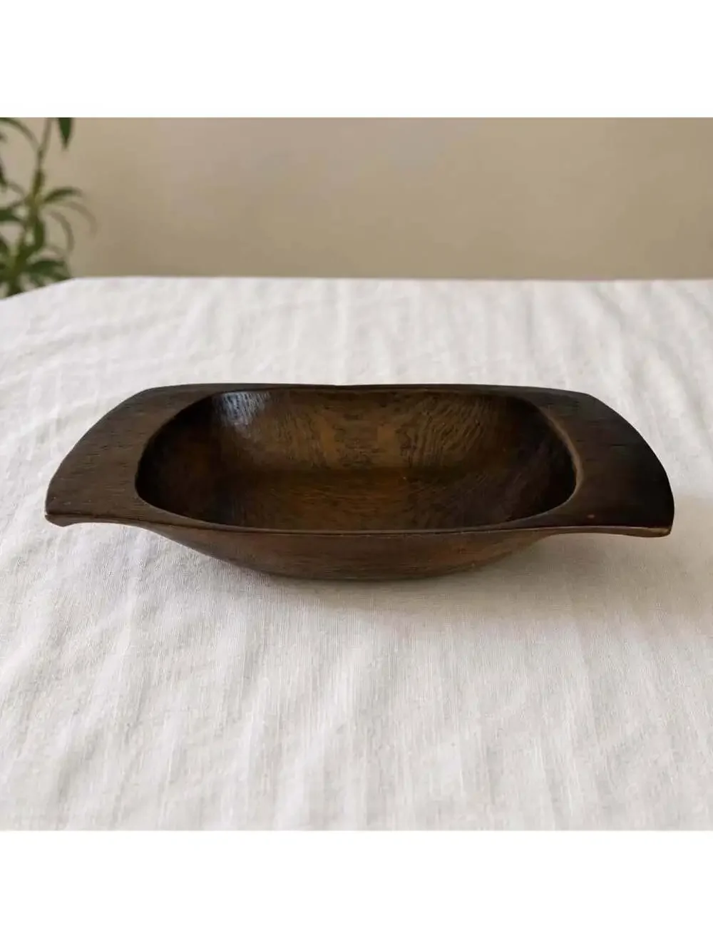 Vintage Japanese Carved Wood Bowl Tray 13” Signed Artisan Handled Rustic Decor